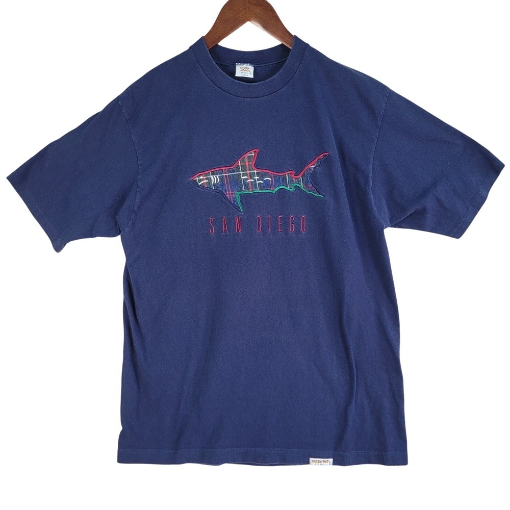 Vintage Crazy Shirts San Diego T-Shirt Men's Size Large Navy Blue USA Made Shark